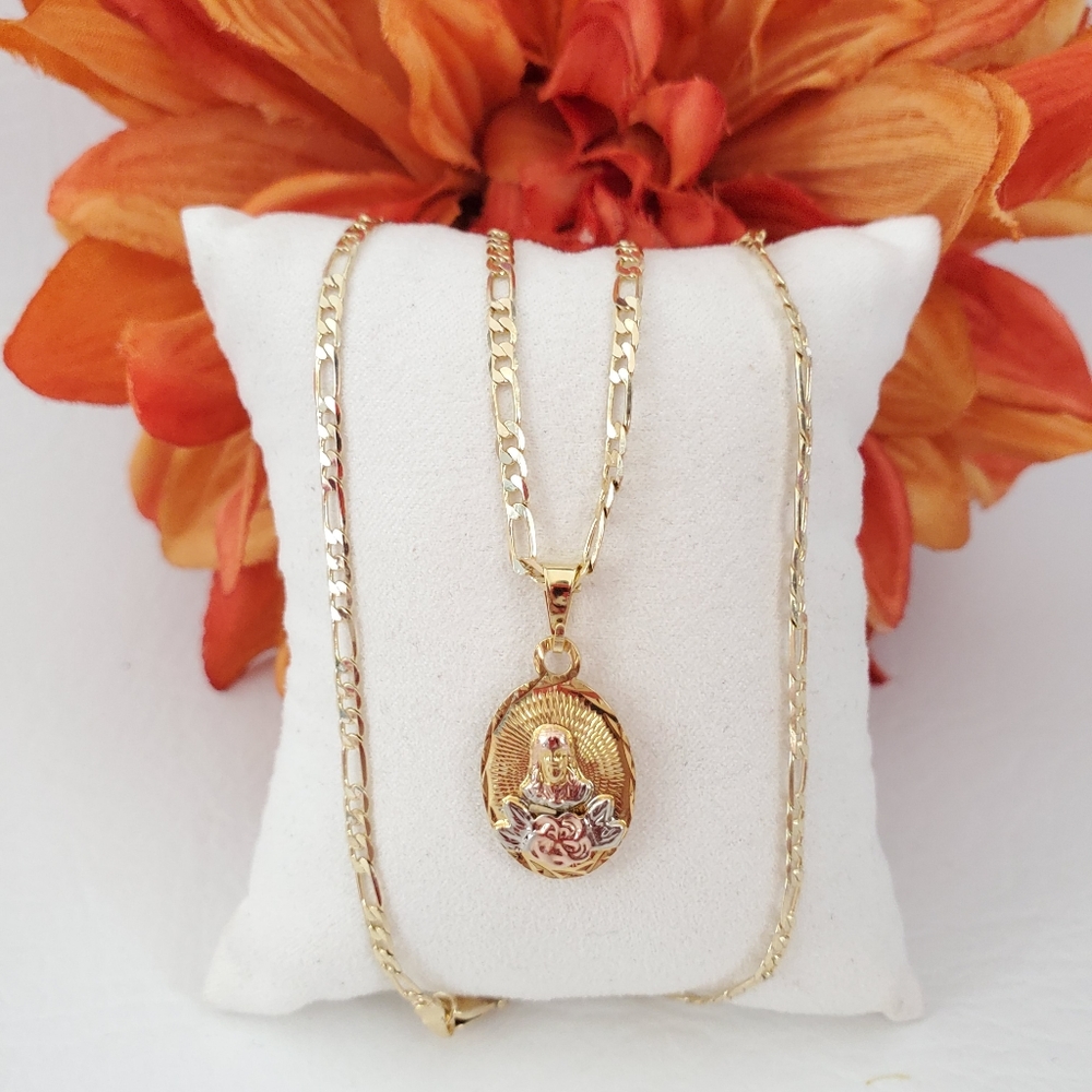 Jesus Lady of Guadalupe Double Sided Tri Color Necklace